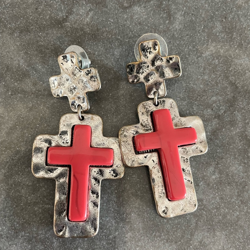 Silver and Red Cross Earrings